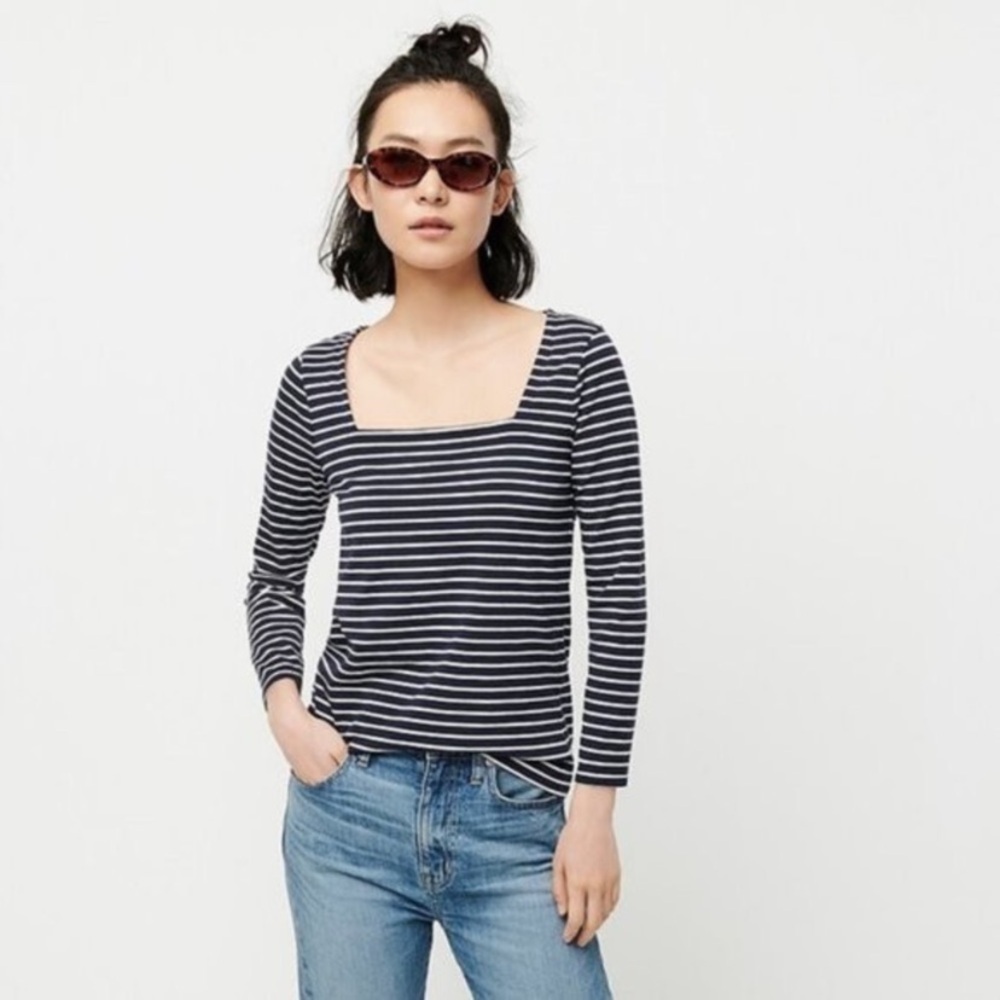 J.Crew Navy & White Stripe Long Sleeve Square Neck Top Medium